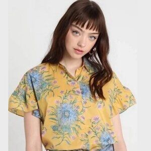 Madewell Cotton Yellow Ruffle Sleeve Button Down Painted Bloom Blouse XXS